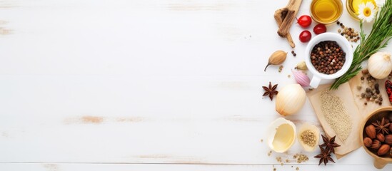 Poster - An open recipe book alongside various ingredients is placed on a white wooden table in a flat lay style.