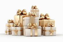  Christmas Gift Boxes, Presents With Golden Bows And Ribbons Isolated White Background. Generative Ai.