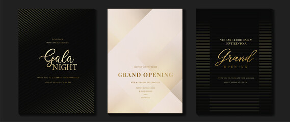 Wall Mural - Luxury gala invitation card background vector. Golden elegant gradient gold line pattern on black and light background. Premium design illustration for wedding and vip cover template, grand opening.