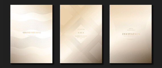 Luxury gala invitation card background vector. Golden elegant wavy gold line pattern on light background. Premium design illustration for wedding and vip cover template, grand opening.