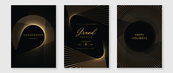luxury gala invitation card background vector. golden elegant wavy gold line pattern on black backgr