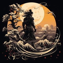 Wall Mural - unique character samurai, ninja, yokai (supernatural creatures from Japanese folklore)  from the back moon in the background