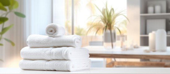 Poster - A montage for product display involving a roll-up of white towels on a white table with a blurred living