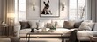 The living room interior design is stylish and cozy, featuring a mock-up structure painting, a dog,
