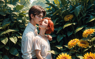 Adorable jungle boy and girl posing. handsome boy and beautiful girl in the forest. Boy and girl posing in flowers.