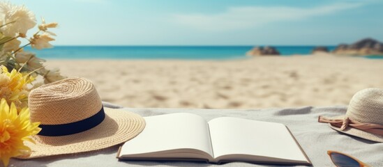 Leinwandbilder - blank writing book with summer beach accessories on a background and plenty of space for writing