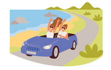 Car Driving Holiday Trip. A Couple Is Driving Down A Coastal Road In A Convertible.