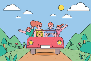 Wall Mural - car driving holiday trip. cute family is traveling by car on nature background.
