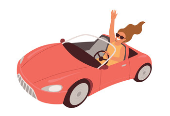 Wall Mural - car driving holiday trip. a woman rides in a convertible car.