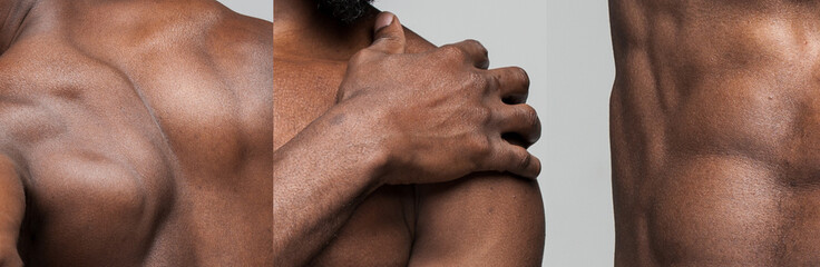 Wall Mural - Close-up image of muscular, strong, dark colored male body. Masculinity. Male beauty. Concept of body art, aesthetics, skin and body care, sensuality. Banner, wallpaper