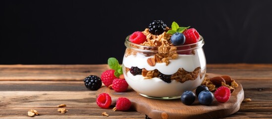 Wall Mural - healthy breakfast consisting of cottage cheese topped with granola, dried fruits, and fresh berries.