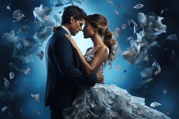 Beautiful young couple in love. Wedding photoshoot in the studio. Created with generative AI