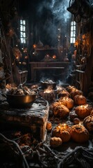 a haunting feast: an eerie exploration of halloween in a medieval kitchen filled with grotesque pumpkins, skulls, candles, and cauldrons. Ai Generated