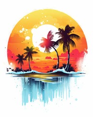 Wall Mural - Tropical paradise sunset: island with palm trees t-shirt design, Generative AI