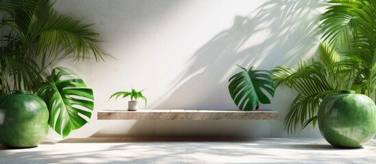 Sticker - A sunny and refreshing interior in tropical style featuring green palm leaves as a frame in sunlight