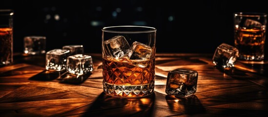 Poster - a dark and moody atmosphere with a glass of sophisticated whiskey, including ice cubes, placed on a