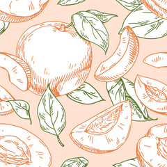 Poster - Seamless fruit pattern with apricots and leaves. Hand-drawn repeating print in vintage style. Detailed retro endless background, texture design. Vector illustration for fabric, wrapping, wallpaper