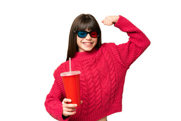 Wall Mural - Little girl holding soda over isolated chroma key background doing strong gesture