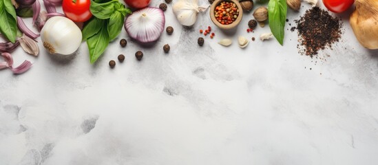 Poster - Ingredients for cooking such as black pepper, garlic, onion, greens, and tomatoes are placed on a white