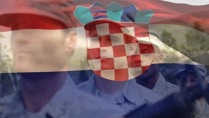 Poster - Animation of flag of croatia over diverse male soldiers
