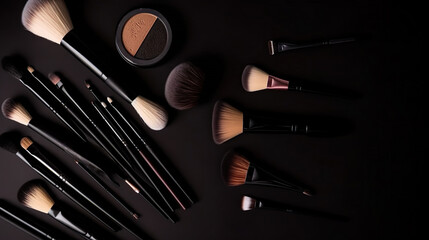 set of makeup brushes collection on black background, cosmetics product