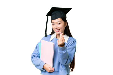 Wall Mural - Young student woman over isolated chroma key background making money gesture