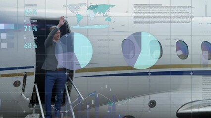 Poster - Animation of financial data processing over caucasian businessman in airplane