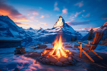 Wall Mural - Cozy scene: Mountains, a lake, and a crackling fire create a picturesque view.