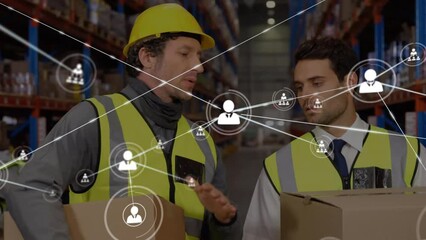 Poster - Animation of network of connections with icons over caucasian men working in warehouse