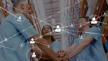 Poster - Animation of network of connections with icons over diverse volunteers working in warehouse
