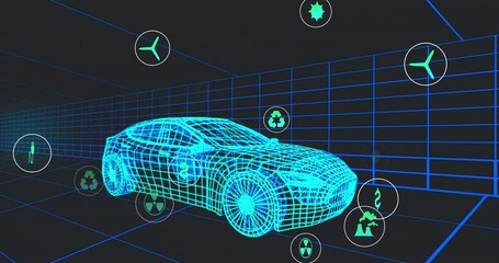 Poster - Animation of multiple digital icons over 3d car model moving in seamless pattern in a tunnel