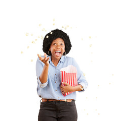 Poster - Funny, throw popcorn and black woman in movie, streaming service or cinema. Air, food and African person in theatre, happy and laugh isolated on a transparent png background for tv, film and snack