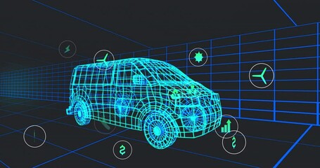 Poster - Animation of multiple digital icons over 3d van model moving in seamless pattern in a tunnel