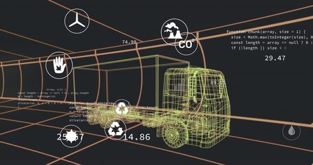 Poster - Animation of multiple digital icons over 3d truck model moving in seamless pattern in a tunnel