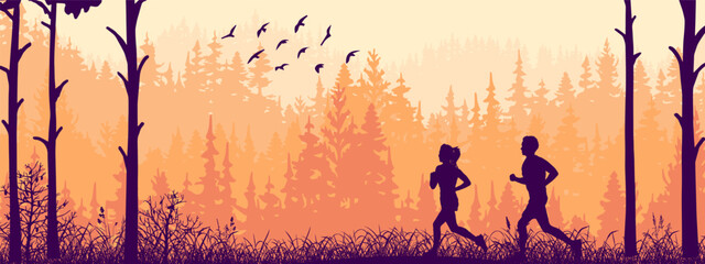 Horizontal landscape banner. Silhouette of boy and girl jogging in forest. Orange illustration. Wild trees. 