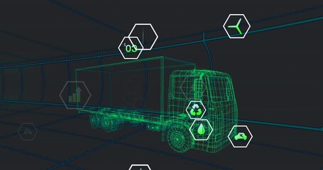 Poster - Animation of multiple digital icons over 3d truck model moving in seamless pattern in a tunnel