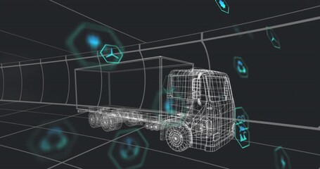 Poster - Animation of multiple digital icons over 3d truck model moving in seamless pattern in a tunnel