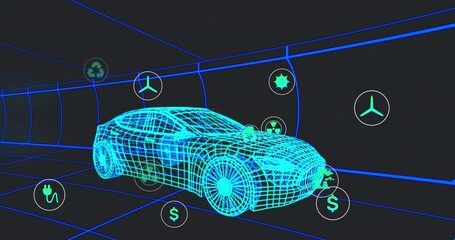 Poster - Animation of multiple digital icons over 3d car model moving in seamless pattern in a tunnel