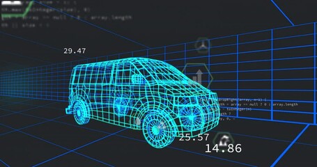 Poster - Animation of multiple digital icons over 3d van model moving in seamless pattern in a tunnel