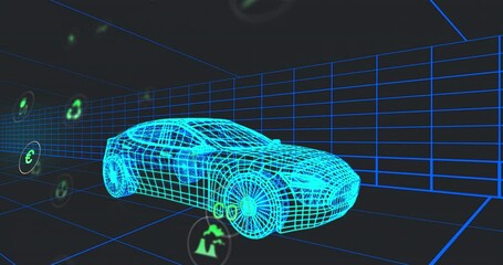 Poster - Animation of multiple digital icons over 3d car model moving in seamless pattern in a tunnel