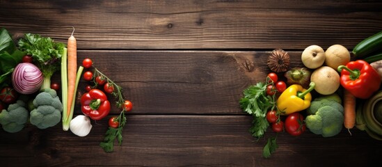 Poster - wooden surface with a variety of vegetables arranged on it. There is space for text or other items on