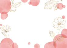 花のイラストを装飾したカードのデザイン素材. ゴールドの花, ピンクの水玉. 白背景のベクター要素.