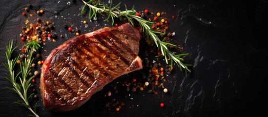 Poster - grilled ribeye beef steak seasoned with herbs and spices on a dark table, viewed from the top. There