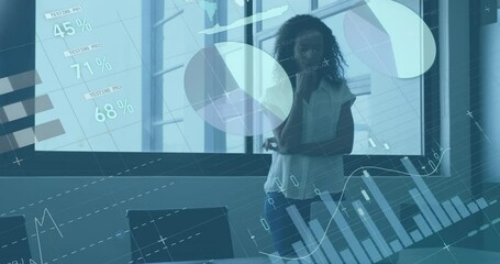 Poster - Animation of infographic interface over thoughtful biracial woman looking at laptop