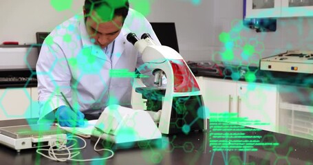 Poster - animation of computer language and molecule structure over biracial scientist using microscope