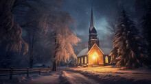 Winter Night In Front Of Church Illustration