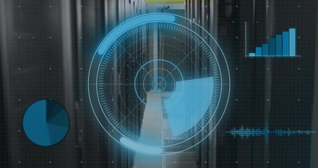 Poster - Animation of scanning circle, radar, multiple graphs and computer language over server room