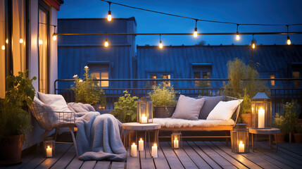 An evening spent on a balcony deck illuminated by outdoor lighting and flickering candles.