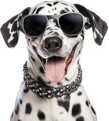 Wall Mural - Portrait of happy dalmatian dog wearing sunglasses isolated on a white background as transparent PNG