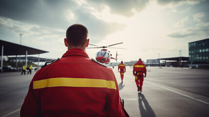 Emergency medical workers dressed in red uniforms stand by a helicopter at an airport with a blurred background